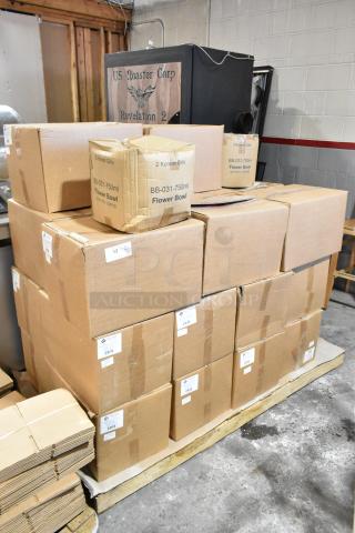 25 new scratch and dent boxes, including ProPak paper handle bags and BB-031-750ml flower bowls, stacked on a pallet.