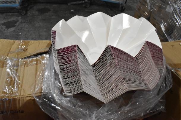 Brand new BB-031-750ml flower bowl with glossy finish, set atop wrapped boxes. Perfect for enrichment, scratch-and-dent; 25 items.