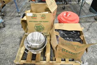 22-item set including colanders, Winco bread pans, Cambro containers, Chef Master salad spinner. U-Haul boxes visible.