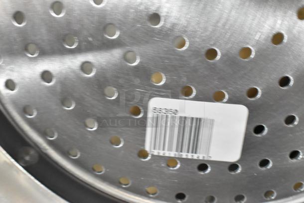 Stainless steel colander with perforated design and barcode label for 22-item kitchen supply auction.