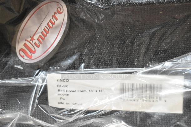 22-item lot featuring Winco bread form liners, colanders, Cambro containers, Chef Master salad spinner. Winware label shown.