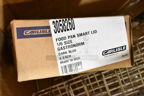 Box of Carlisle Food Pan Smart Lids, 1/6 size, dark blue, 6 pieces. Label shows Made in USA, item number 3058260.