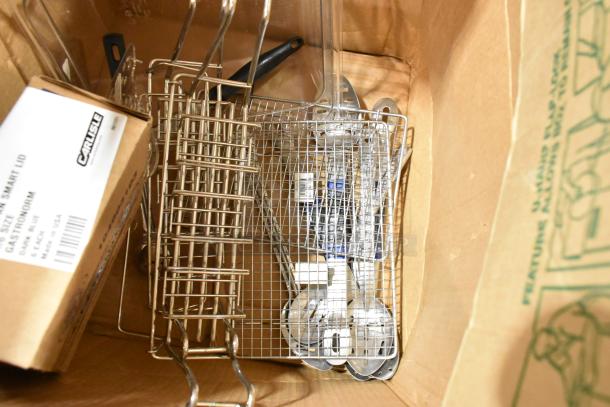 Box of 22 various kitchen items including colanders, Winco bread form liners, Cambro containers, and a Chef Master salad spinner.