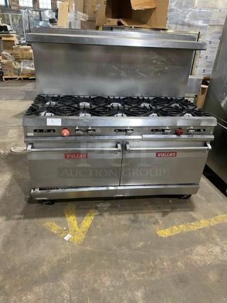 Vulcan stainless steel 10-burner range with double oven, backsplash, and overhead salamander shelf on casters. Includes wired rack.