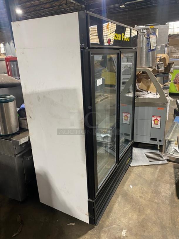 True GDM-49F commercial merchandiser freezer with double glass swing doors, poly-coated wire racks, 115/208-230V, 1 phase.