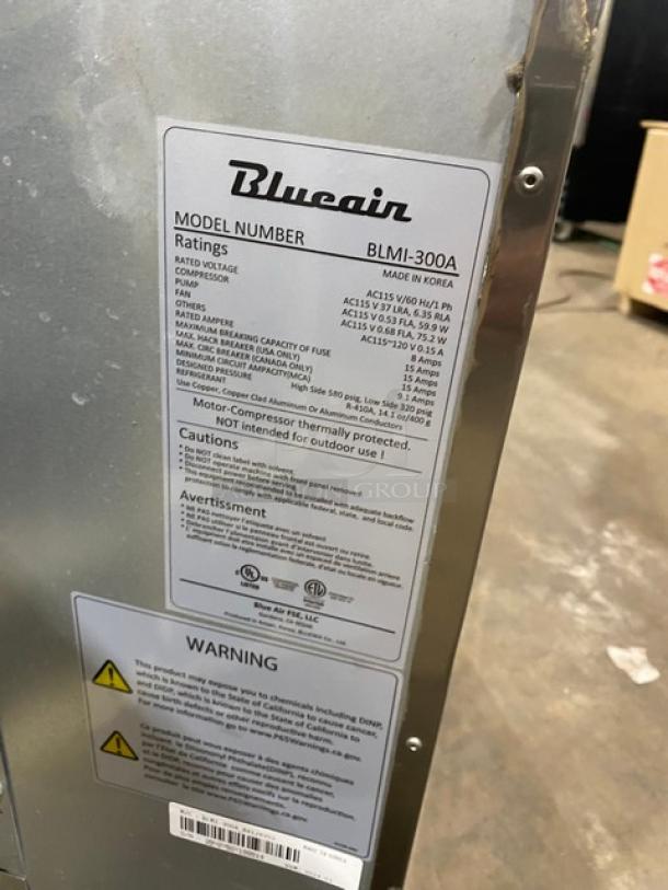 Blue Air BLMI-300A commercial stainless steel ice maker, air-cooled, electric 115V, cresent style, new condition, detailed label.