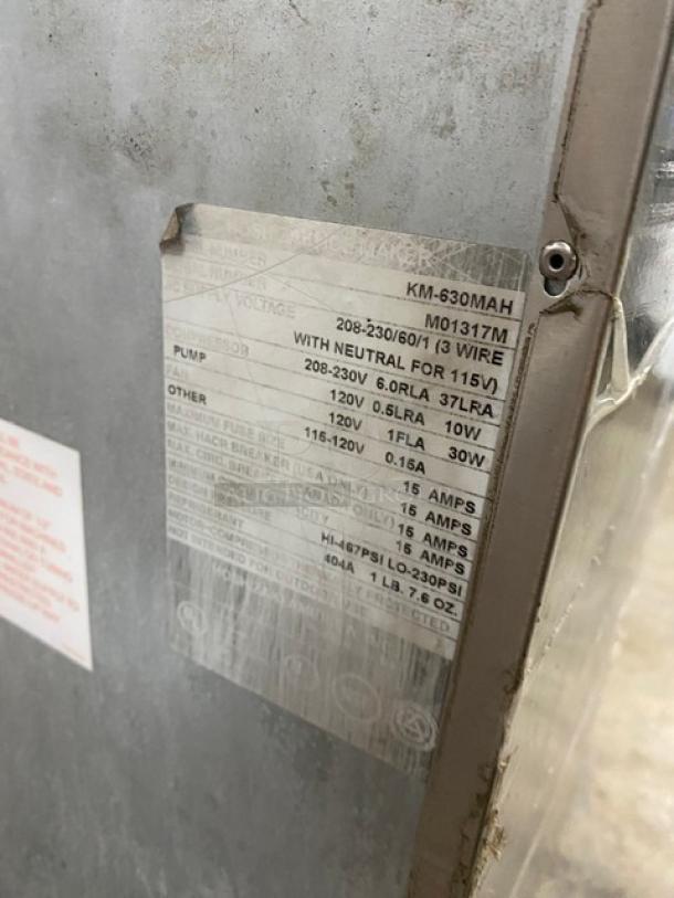 Hoshizaki KM-630MAH ice maker, stainless steel, model KM630MAH, serial M01317M, 208-230V, 1 phase, tag with specs visible.