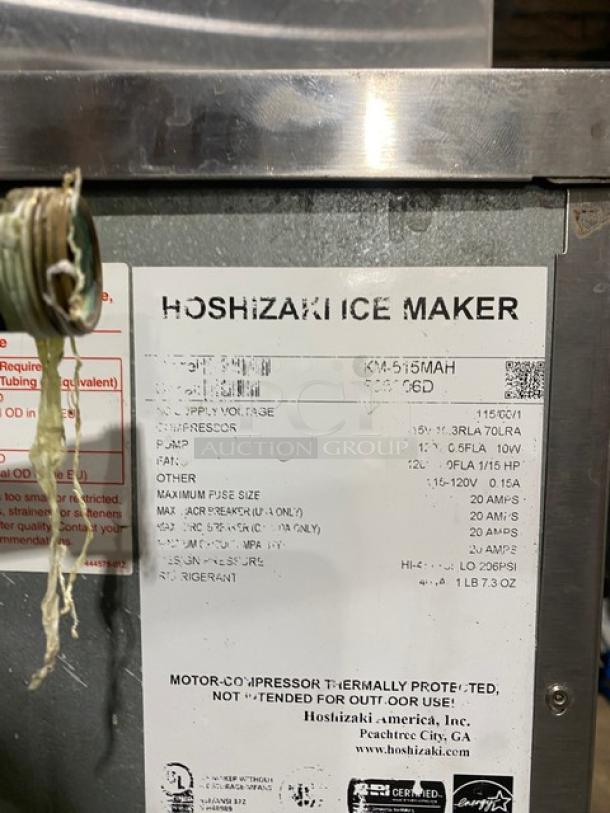 Hoshizaki KM-515MAH ice maker label showing model, 115V, single phase, Energy Star certified, air-cooled, stainless steel.