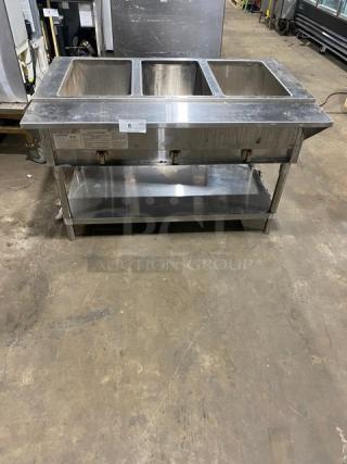 Diamond commercial stainless steel 3-well steam table, natural gas powered, model GST48-30, with controls, undershelf, tray slide.