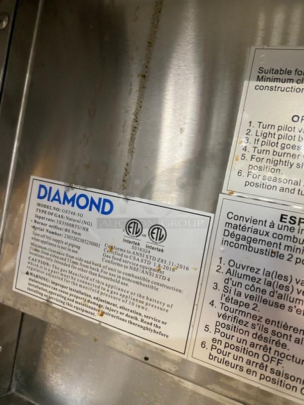 Diamond Commercial Stainless Steel 3-Well Steamtable, Model GST48-30, Natural Gas, with Individual Controls, Undershelf, and Tray Slide, SN: 2303202305250001.