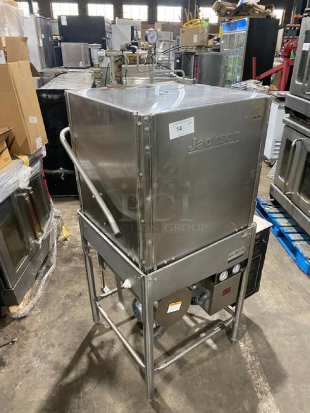 Jackson TempStar Series stainless steel door-type dishwasher on legs. Features electric power, commercial grade, sturdy build.