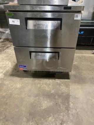 Turbo Air Super Deluxe 2 Drawer Refrigerated Worktop Cooler, Model TWR-28SD-D2-N, stainless steel with back splash on casters.