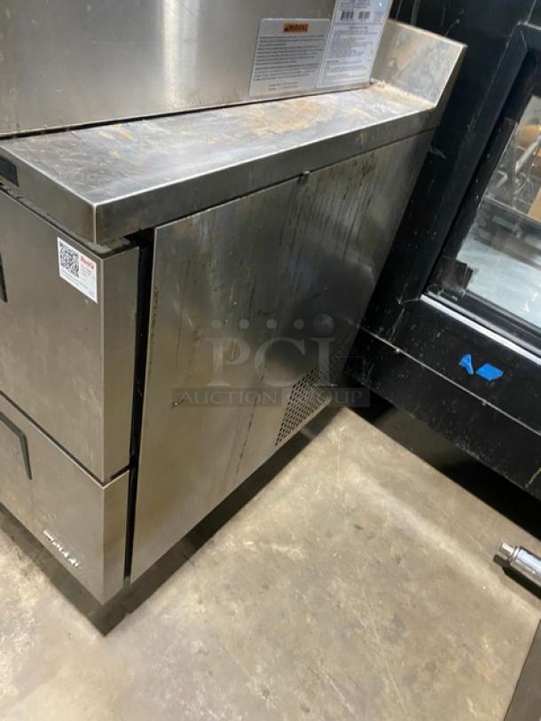 Turbo Air Super Deluxe Series 2-drawer stainless steel worktop cooler, Model TWR-28SD-D2-N, with backsplash, casters, 115V.