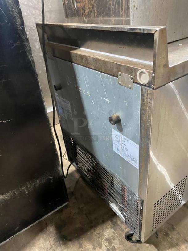 Turbo Air Super Deluxe Series 2-drawer refrigerated worktop cooler, model TWR-28SD-D2-N, with backsplash. Stainless steel, on casters, two visible tags.