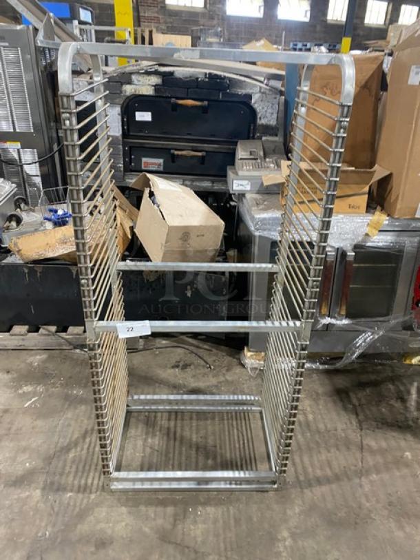 Commercial heavy-duty pan holding rack, stainless steel, 20 slots, sturdy construction, good used condition.