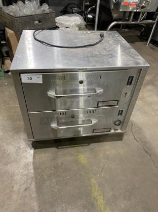 Eagle Group RedHots Series stainless steel double warming drawer, model DWW2120, on casters, electric, 120V, 1 phase.