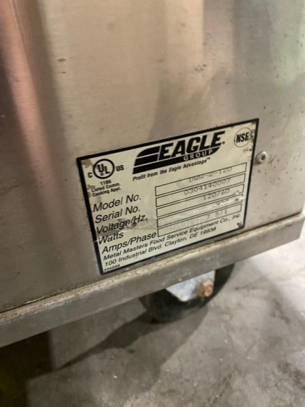 Eagle Group RedHots Series stainless steel electric double warming drawer, model DWW-2-120, on casters, with visible specifications label.