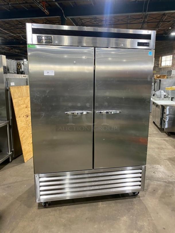 Kool-It KBSF-2 Signature Series commercial stainless steel 2-door reach-in freezer, Energy Star certified, on casters.