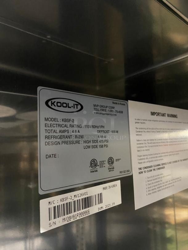 Kool-It KBSF-2 commercial freezer label showing model, serial number, and specifications. Made in Korea.
