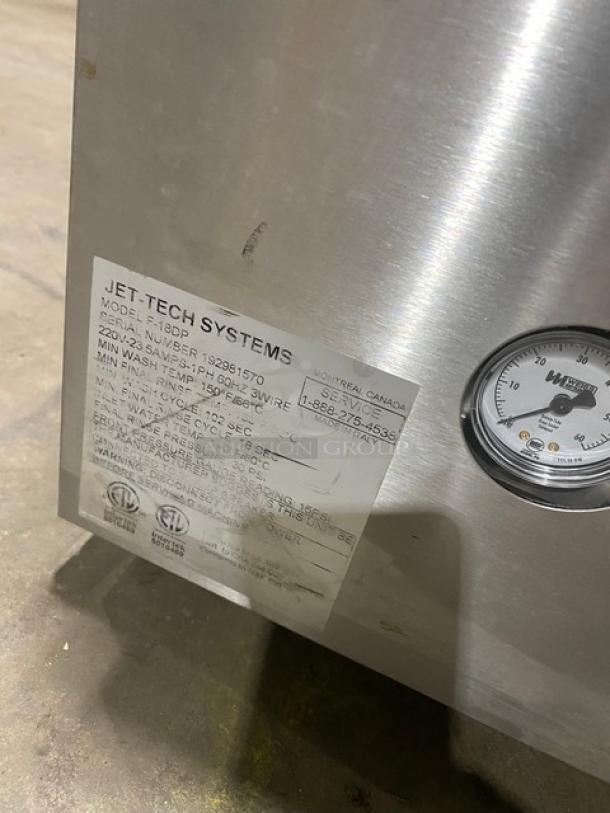 Jet-Tech F18DP stainless steel undercounter dishwasher, high-temperature, Energy Star certified, with peg rack. Model: F-18DP SN: 192981570. 220V 1 Phase.