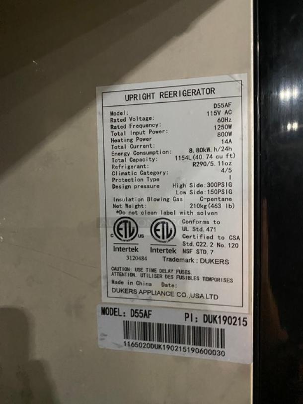 Dukers D55AF Commercial Freezer, Stainless Steel, 2 Doors, Poly Coated Wire Racks, 115V, on Casters, Model: DUK190215.