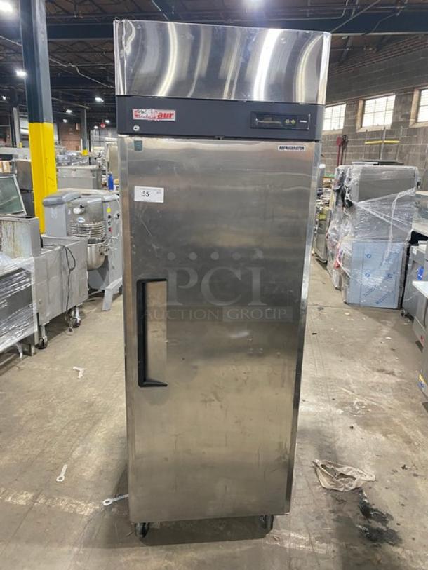 Centaur CSD-1DR, single door commercial stainless steel refrigerator, 115V, poly-coated wire racks, on casters, in used condition.