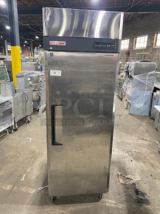Centaur CSD-1DR, single door commercial stainless steel refrigerator, 115V, poly-coated wire racks, on casters, in used condition.