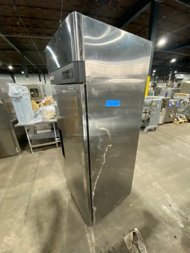 Centaur CSD1DR commercial stainless steel single door reach-in refrigerator with poly coated wire racks, on casters, model CSD1DR, slight surface wear.