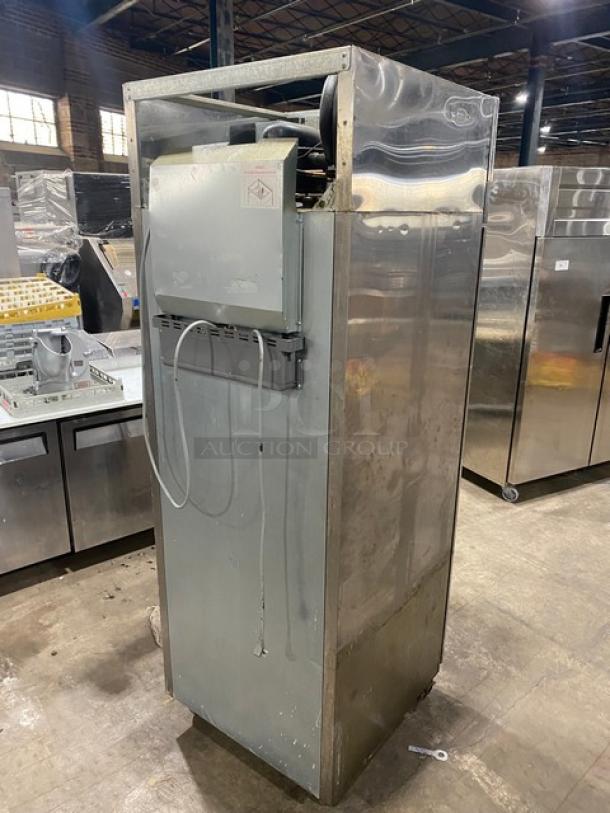 Centaur CSD-1DR commercial stainless steel reach-in refrigerator with single solid door, poly-coated wire racks, on casters.