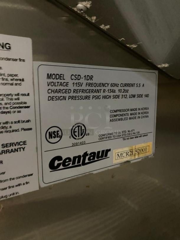 Centaur CSD-1DR commercial refrigerator label, showing model, voltage, certifications, and serial number MCR2152001.