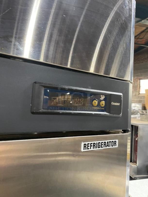 Centaur CSD1DR stainless steel refrigerator, single door, poly coated wire racks, temperature display, on casters.
