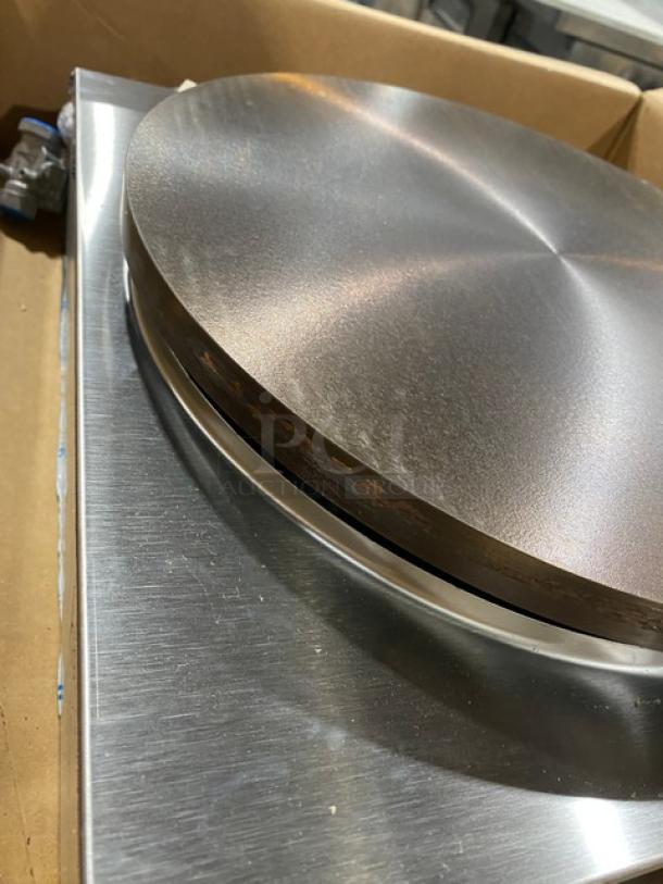 Krampouz commercial stainless steel natural gas crepe maker; new condition, polished finish, countertop design.