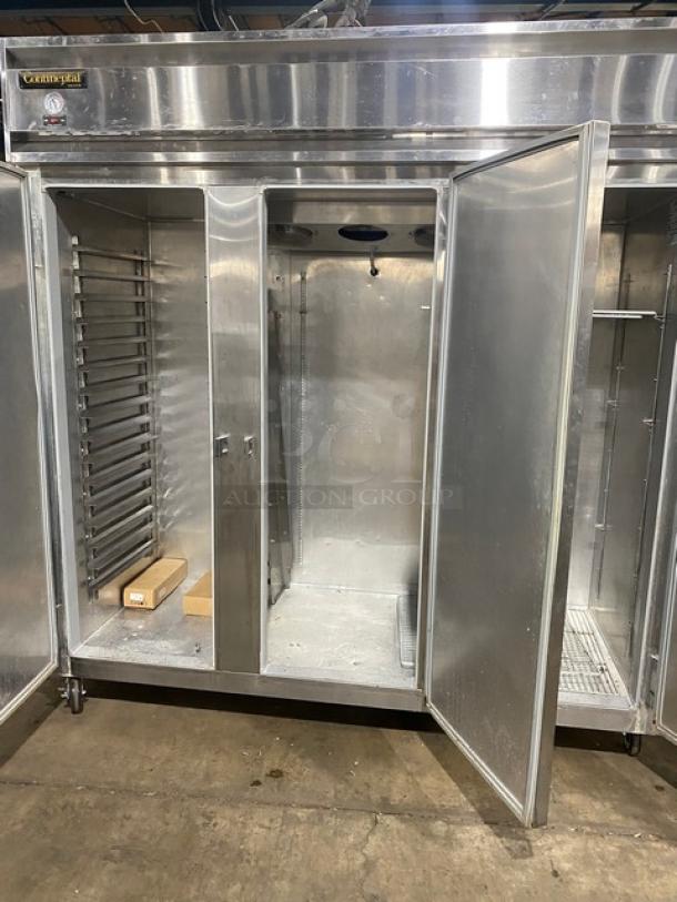 Continental Commercial 3 Door Stainless Steel Freezer, Model 3F, with poly-coated racks, built-in pan slides, on casters.