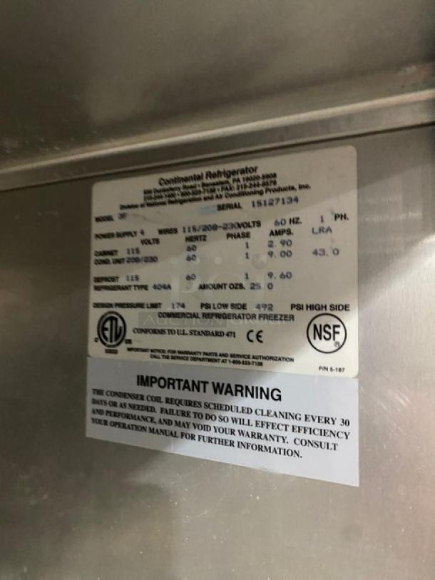 Continental 3F stainless steel 3-door freezer, poly-coated wire rack, pan slides, model 3F, SN: 15127134, 115/208-230V, 1 phase, on casters.