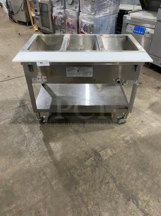 Duke AeroHot Series 3-Well Steamtable WB303, stainless steel, electric, with undershelf, cutting board, and casters.