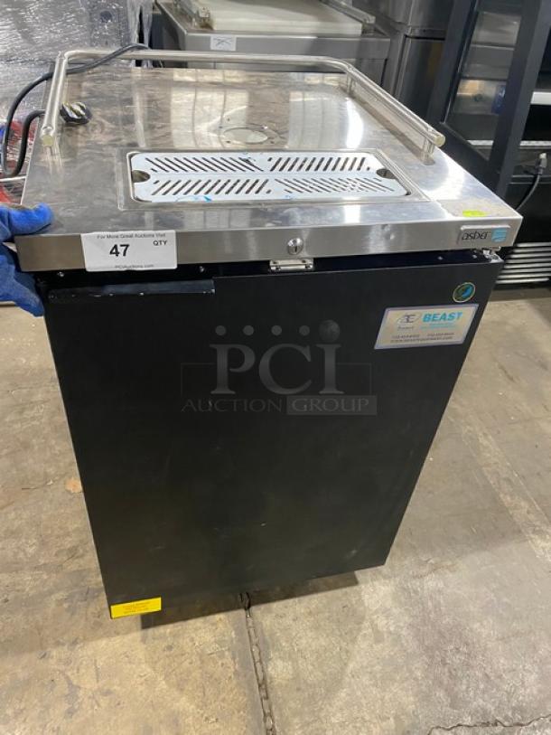 Asber 2023 black single door direct-draw beer cooler, model ADDC23HC, with stainless steel worktop, drip tray, and tower tap dispenser.