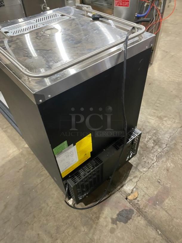 Asber 2023 black single door beer cooler with stainless steel worktop and drip tray. Features single tower tap dispenser. Model ADDC23HC.