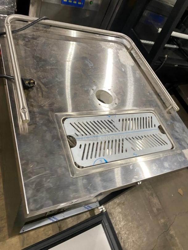 Asber ADDC23HC 2023 commercial beer cooler, black, single door, stainless steel worktop, with drip tray and single tower tap.