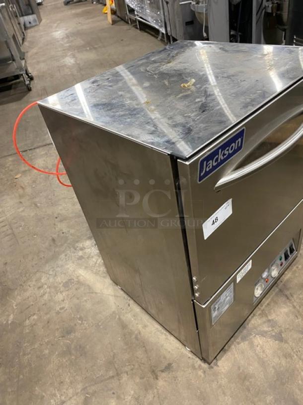 Jackson DishStarHT stainless steel undercounter dishwasher, electric, high-temp, on legs, 208/230V, 1 phase, model tag visible.
