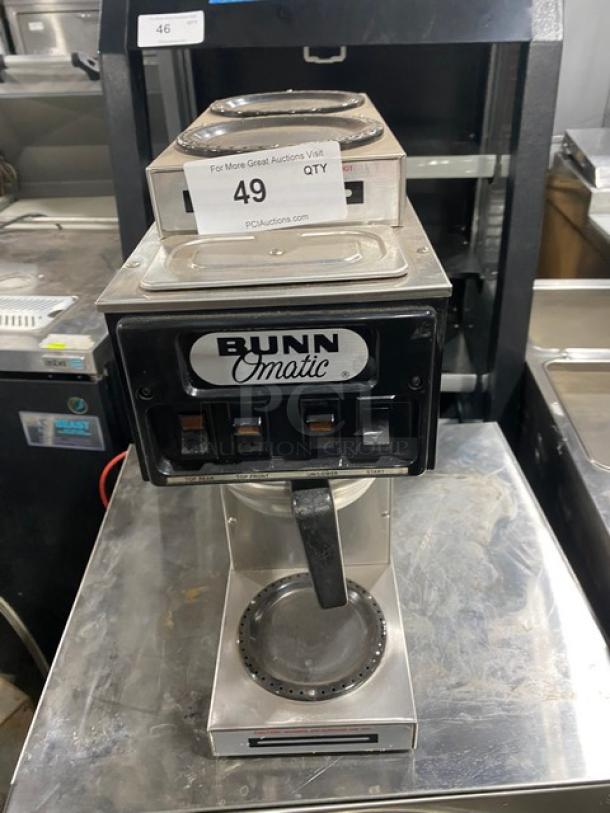 Bunn O-Matic ST-15 commercial coffee brewer with stainless steel finish, 2 upper warmers, and controls. Model: ST15, SN: 13200.