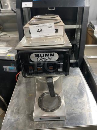 Bunn O-Matic ST-15 commercial coffee brewer with stainless steel finish, 2 upper warmers, and controls. Model: ST15, SN: 13200.