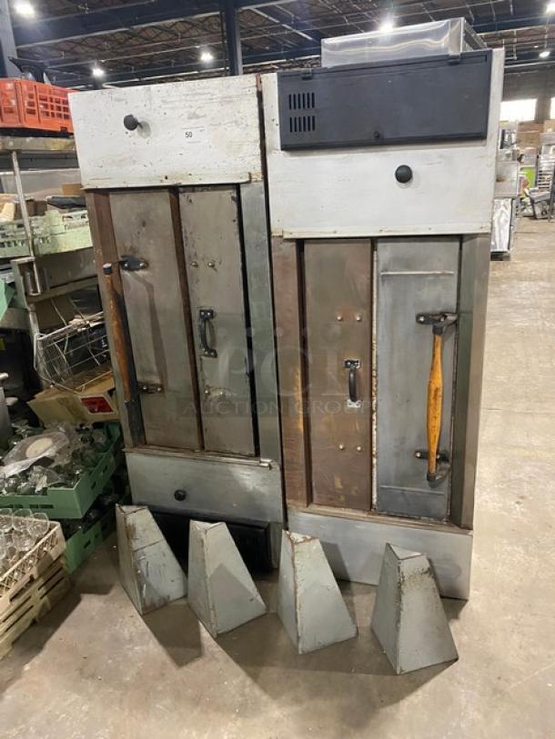 Bakers Pride commercial natural gas double stacked pizza deck oven with legs, metallic finish, pre-owned condition.