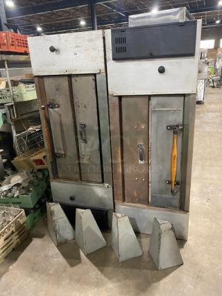 Bakers Pride commercial natural gas double stacked pizza deck oven with legs, metallic finish, pre-owned condition.