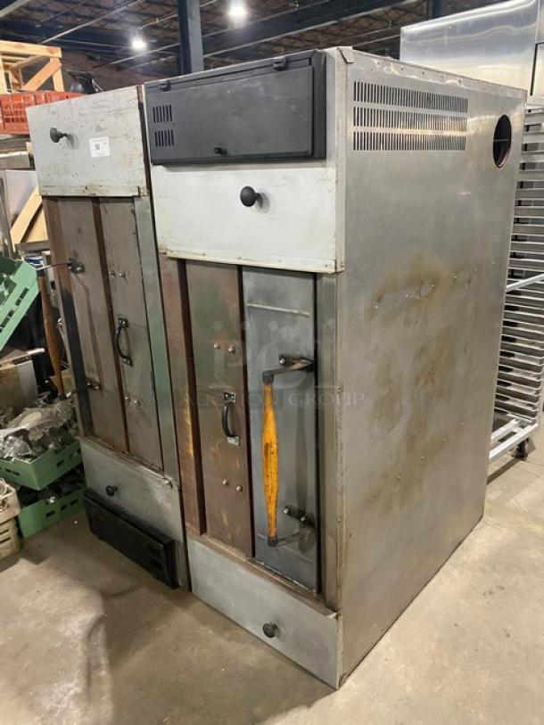Bakers Pride double stacked pizza deck oven, natural gas powered, metal exterior, with legs, used condition.