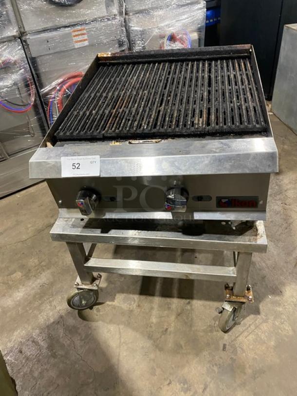 Ikon stainless steel natural gas char broiler with open base equipment stand on casters. Used condition.