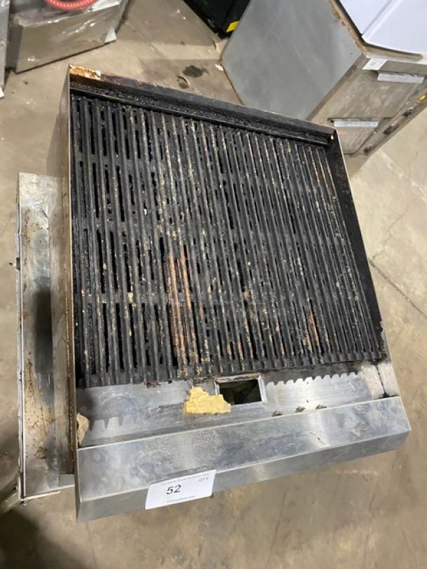Ikon stainless steel natural gas char broiler on legs with open base cart. Features casters for mobility. Used condition.
