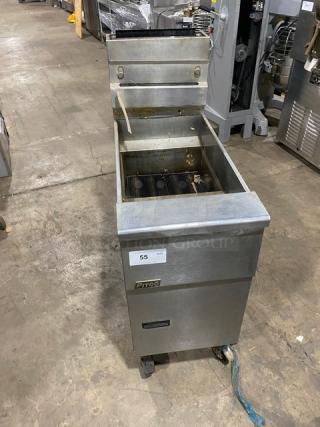 Pitco commercial stainless steel natural gas deep fat fryer with back splash, basket hanger, on casters. Model details visible.
