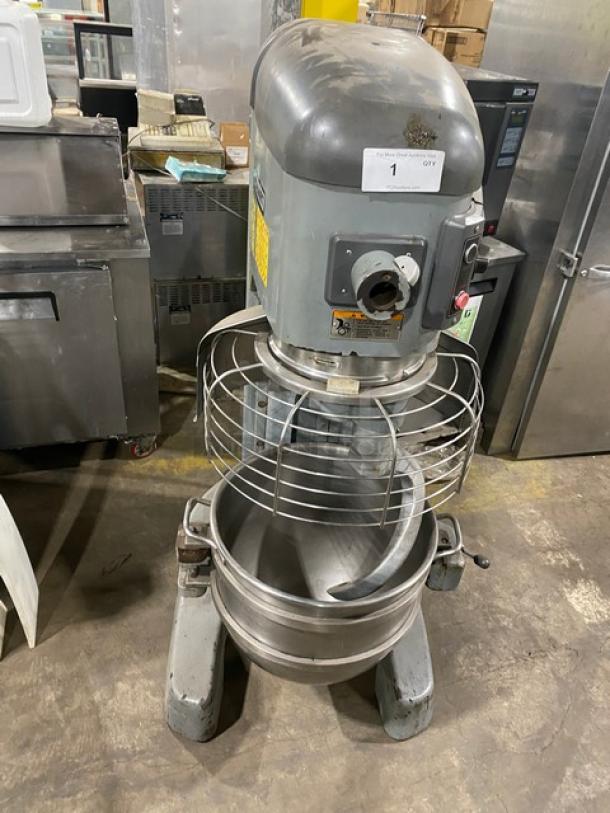 Hobart Legacy Series HL662 60 Qt. Planetary Mixer, stainless steel bowl guard, mixing bowl, spiral dough hook, 200-240V.