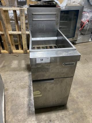 Connerton 2022 stainless steel liquid propane fryer, model CSGF4LP, with backsplash, basket hangers, tag SN: BK220405012.