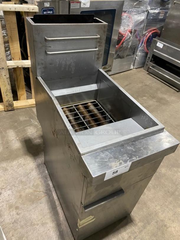 Connerton 2022 commercial stainless steel deep fat fryer, model CSGF4LP, features back splash and basket hangers.